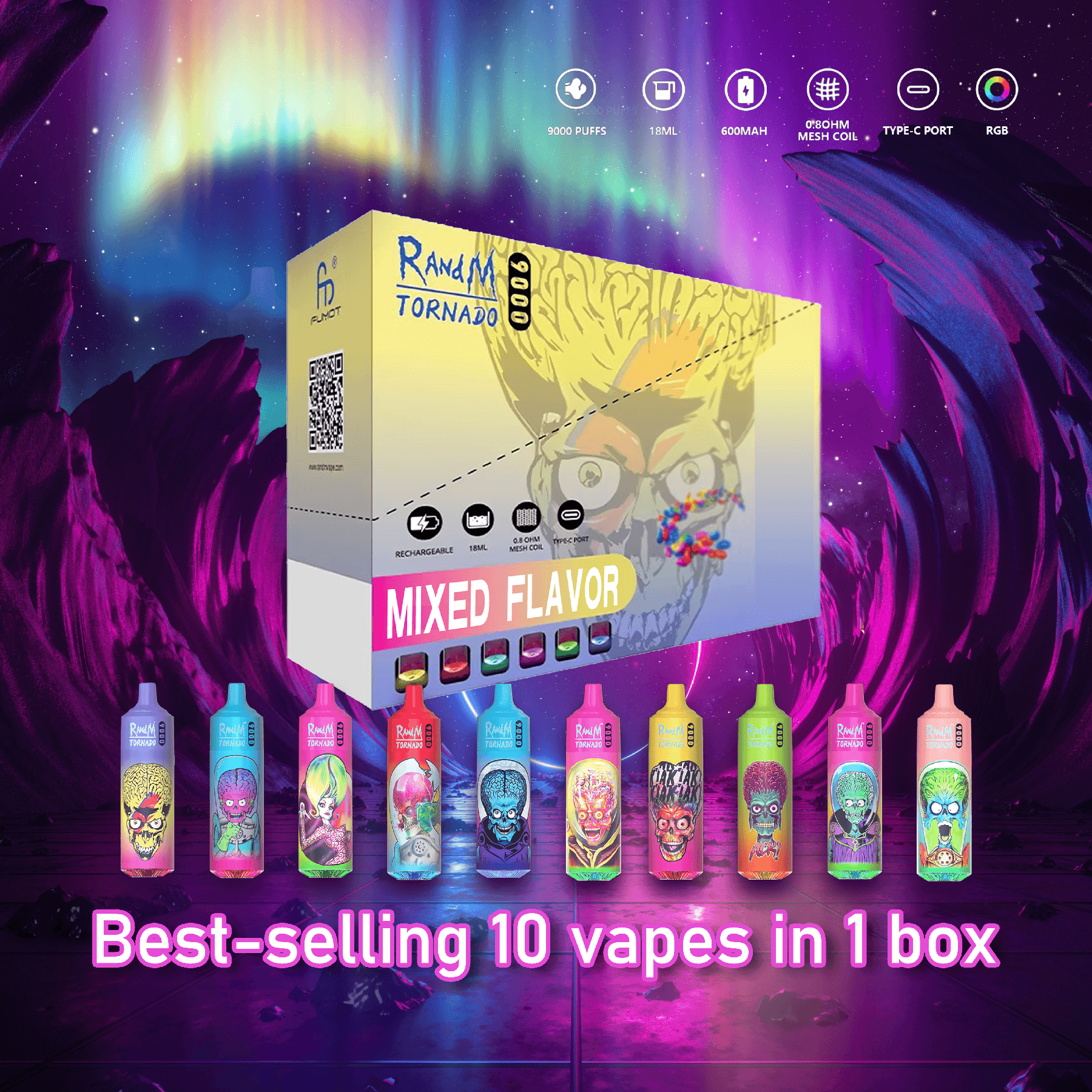 10 Flavors in 1 Box RandM 9000 Disposable Vape 9000 Puffs 5% Nicotine 18ml 10pcs