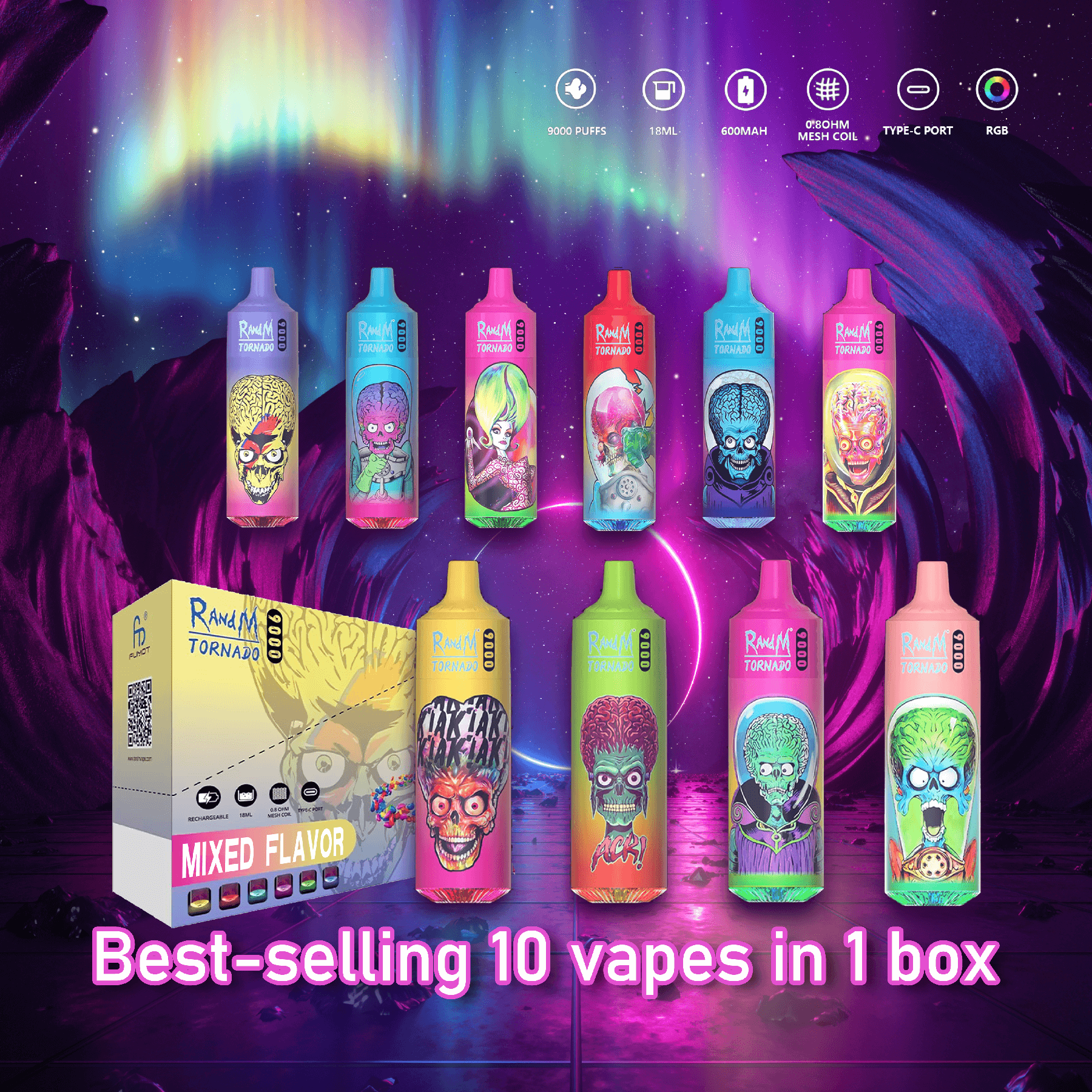 10 Flavors in 1 Box RandM 9000 Disposable Vape 9000 Puffs 5% Nicotine 18ml 10pcs